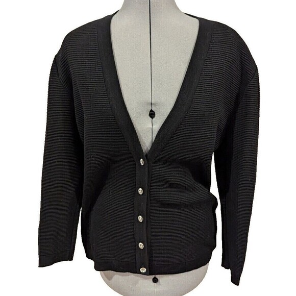Black Ribbed Knit Cardigan Sweater Rhinestone Buttons Elegant Classic - Picture 1 of 6